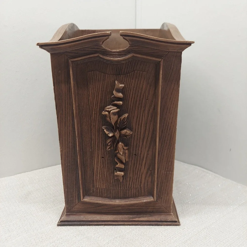 Vintage Faux Wood Wastebasket Ornate Floral Rose Trash Can 12